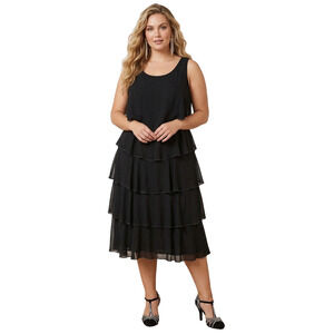 Dress Barn Black Tiered Chiffon Dress Size 16 NWT Beaded Hem Sleeveless Cocktail
